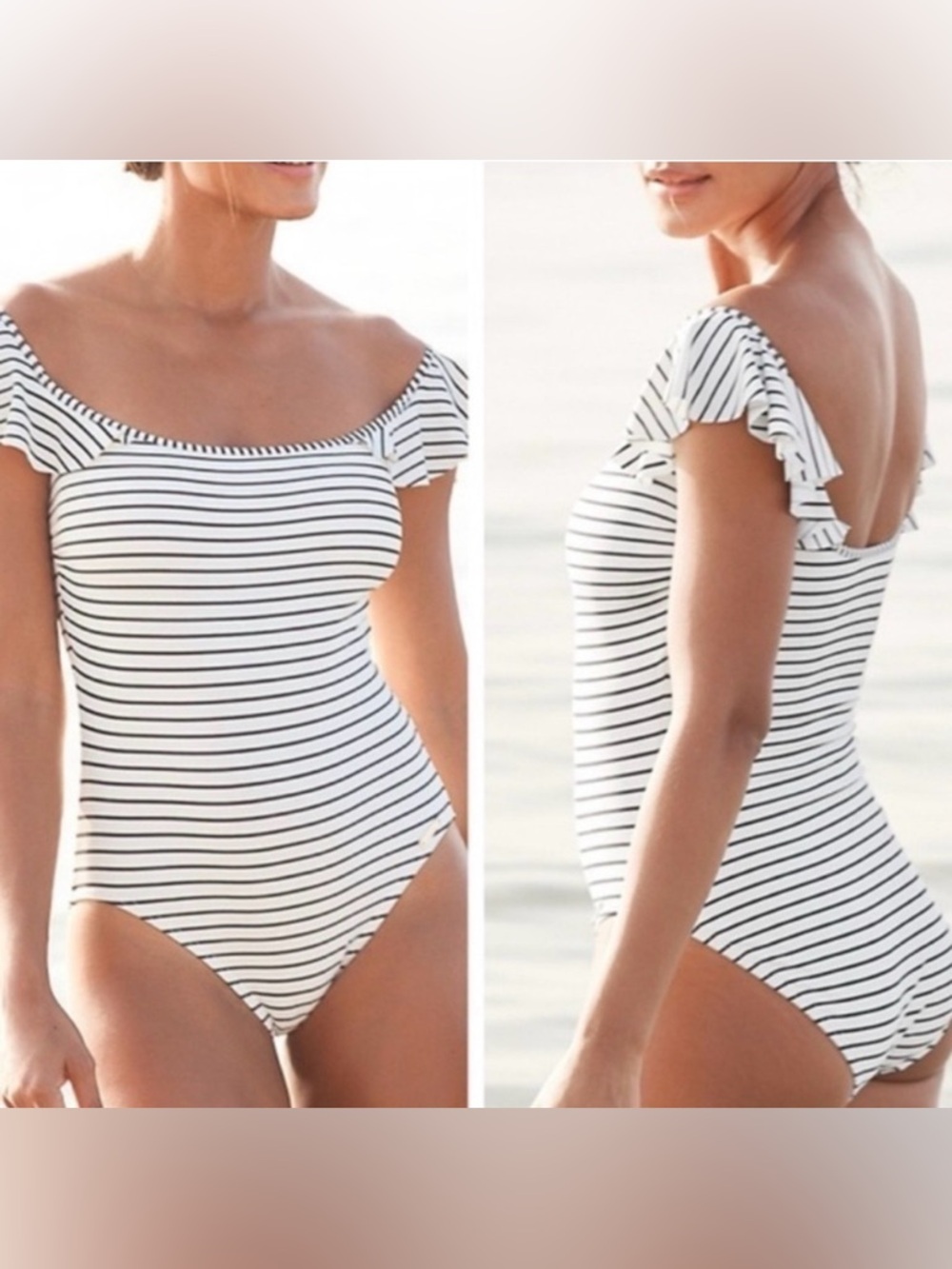New! Vince Camuto swimsuit navy blue and white striped off shoulder